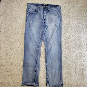 True Luck Mens Jeans Light Wash Distressed Denim Straight Leg Size 36/32